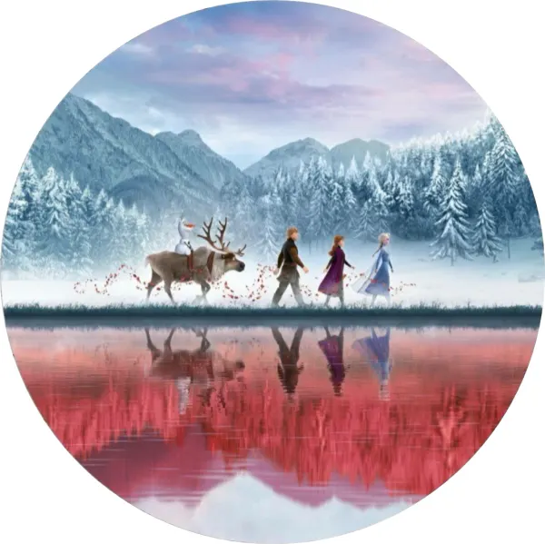 Kulatý jedlý obrázek na dort – Frozen, družina s odrazem ve vodní hladině (modrá, růžová, bílá)