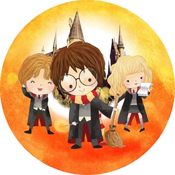 Kulatý jedlý obrázek na dort – Harry Potter anime (žlutá, červená, černá)