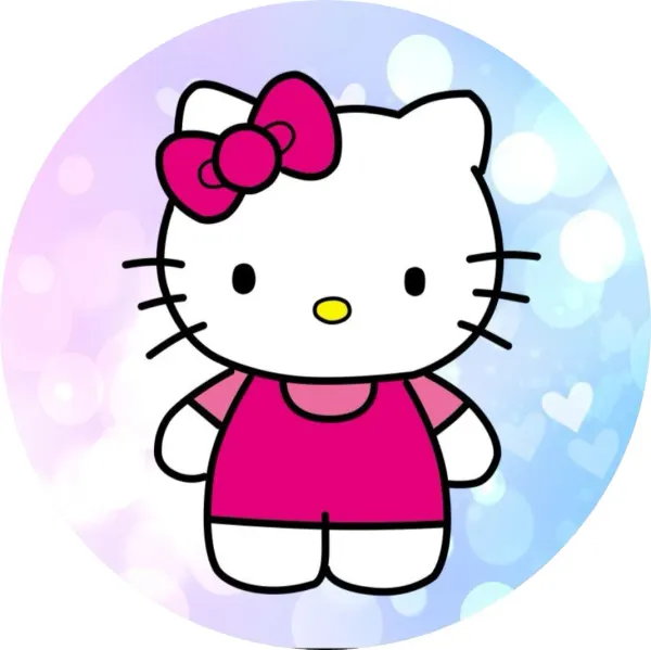 Kulatý jedlý obrázek na dort – Hello Kitty, fialovo-modré pozadí (růžová, bílá, fialová)