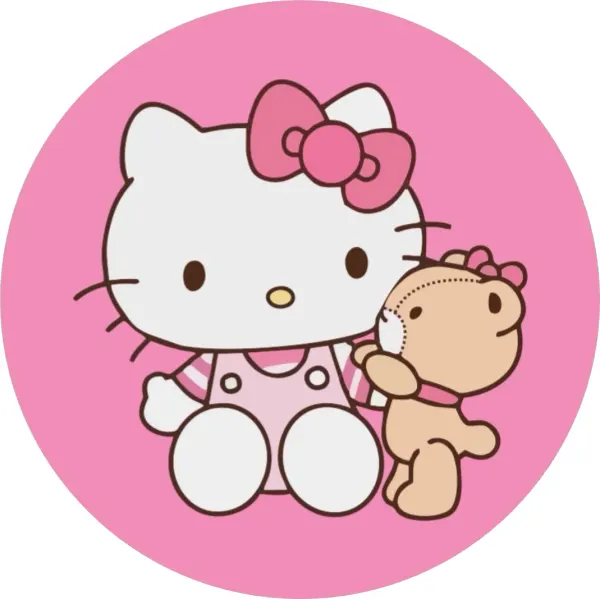 Kulatý jedlý obrázek na dort – Hello Kitty, s plyšovým medvídkem v růžové (růžová, bílá)