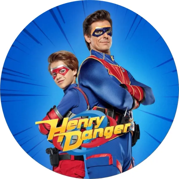 Kulatý jedlý obrázek na dort – Henry Danger, Kapitán Man a Henry s logem (modrá, červená, žlutá)