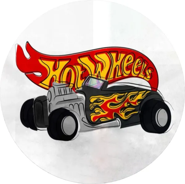 Kulatý jedlý obrázek na dort – Hot Wheels, Černý kreslený hot rod s plameny (červená, žlutá, černá)