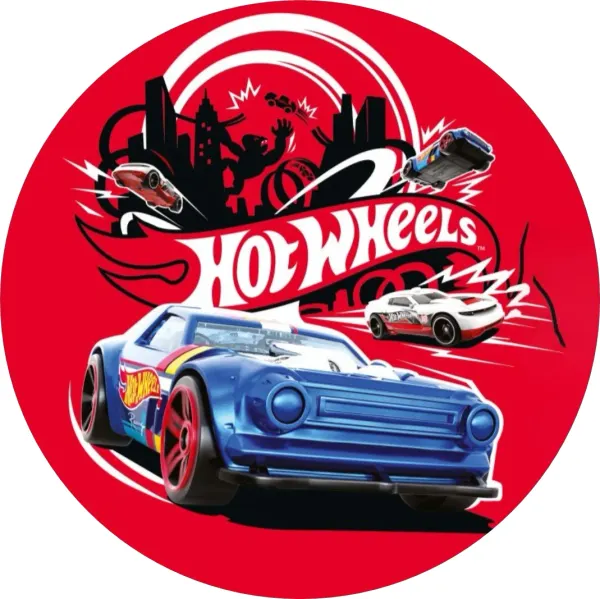 Kulatý jedlý obrázek na dort – Hot Wheels, Modrý sporťák a obří gorila (červená, modrá, černá)