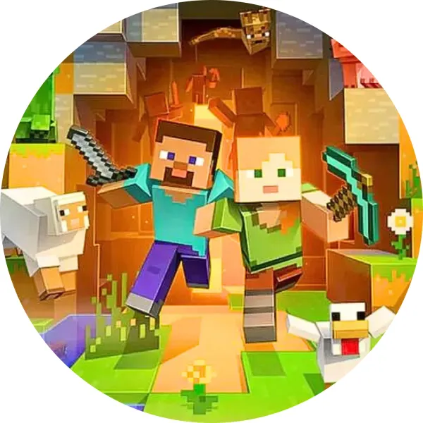 Kulatý jedlý obrázek na dort – Minecraft, Steve a Alex u jeskyně se zvířátky (žlutá, zelená, hnědá)