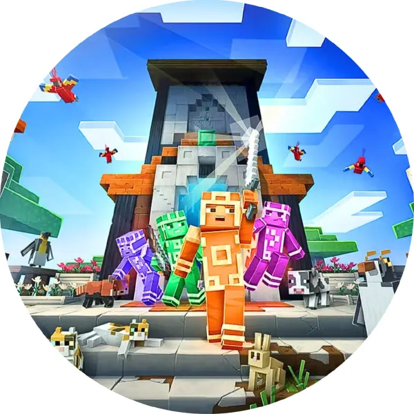 Kulatý jedlý obrázek na dort – Minecraft, Hrdinové v brnění a zvířata u chrámu (modrá, zelená, žlutá)
