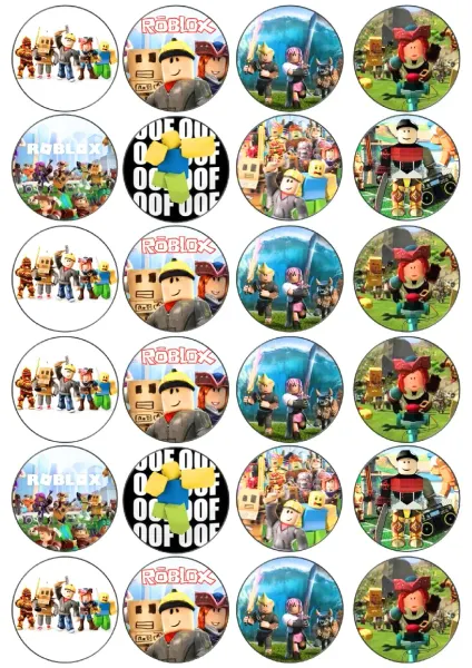 List jedlých koleček na cupcakes – Roblox, herní scény, postavičky a stavitel (modrá, zelená, žlutá)