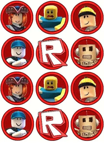 List jedlých koleček na cupcakes – Roblox, terčíky s postavičkami a logem R (červená, žlutá, modrá)