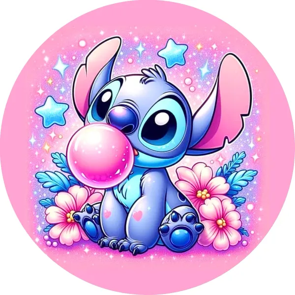 Kulatý jedlý obrázek na dort – Lilo a Stitch, Stitch s bublinou ze žvýkačky (růžová, modrá, fialová)