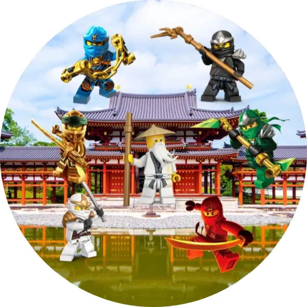 Kulatý jedlý obrázek na dort – LEGO Ninjago, ninjové a mistr Wu u chrámu (modrá, červená, zelená)