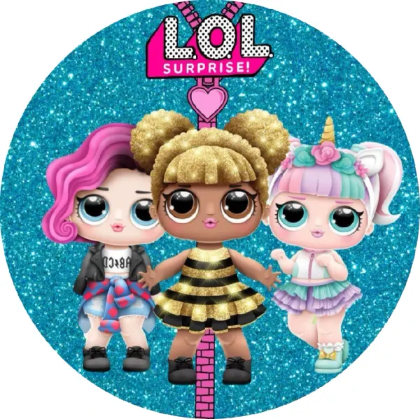 Kulatý jedlý obrázek na dort – LOL Surprise, Rockerka, včelka a jednorožka (tyrkysová, růžová, zlatá)