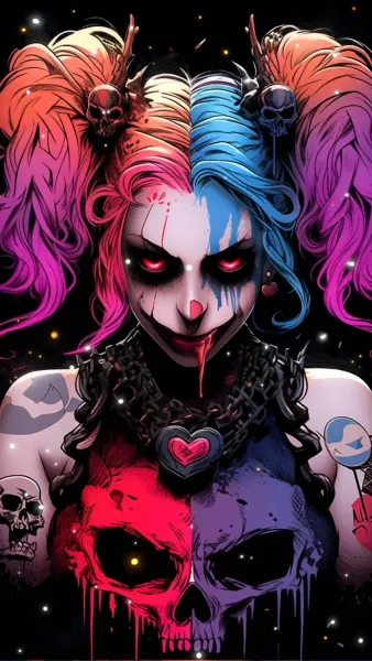 Obdélníkový jedlý obrázek na dort – Harley Quinn, rudé oči a motivy lebek (černá, růžová, modrá)