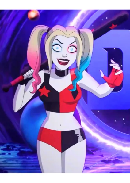 Obdélníkový jedlý obrázek na dort – Harley Quinn, s pálkou za hlavou (červená, černá, fialová)