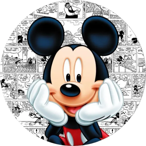Kulatý jedlý obrázek na dort – Mickey Mouse, retro komiksové pozadí (černá, bílá, červená)