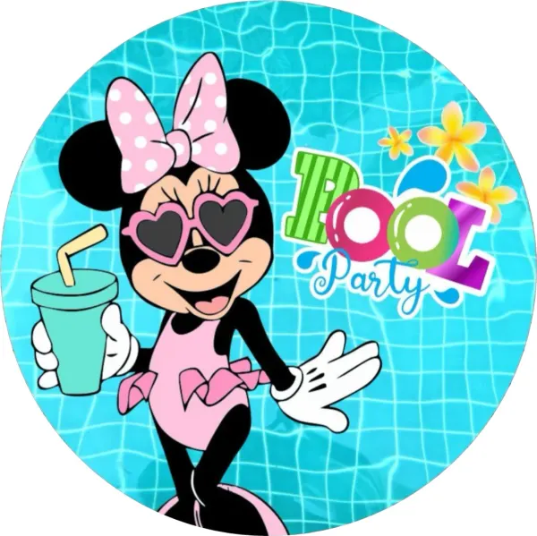 Kulatý jedlý obrázek na dort – Minnie, Pool Party u bazénu (tyrkysová, růžová, bílá)