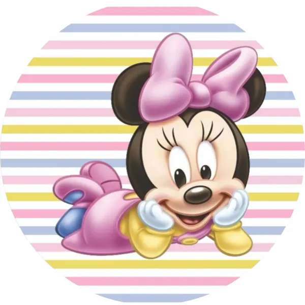 Kulatý jedlý obrázek na dort – Minnie, Baby Minnie ležící na bříšku (růžová, žlutá, bílá)