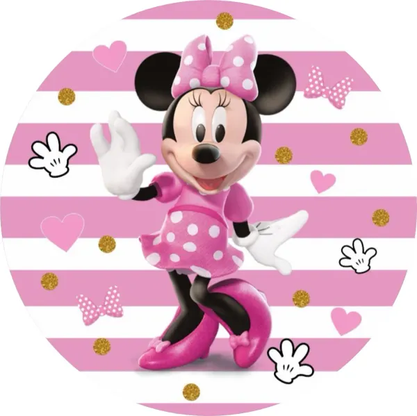 Kulatý jedlý obrázek na dort – Minnie, mávající na širokých pruzích (růžová, bílá, zlatá)