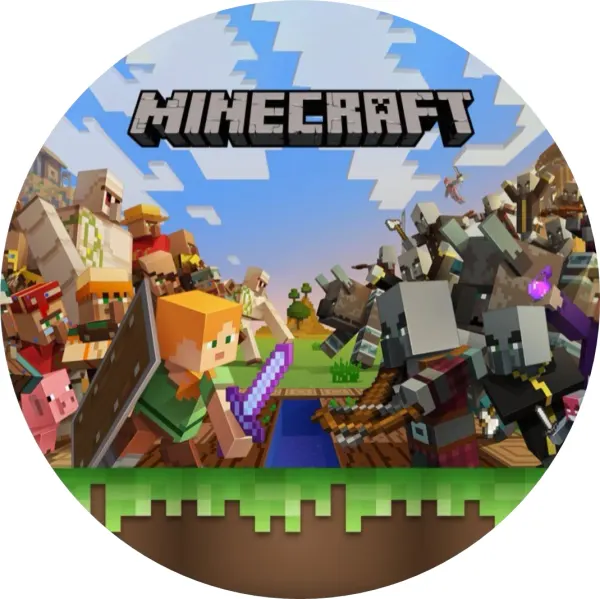 Kulatý jedlý obrázek na dort – Minecraft, Alex, golem a útočící pillageři (modrá, zelená, hnědá)