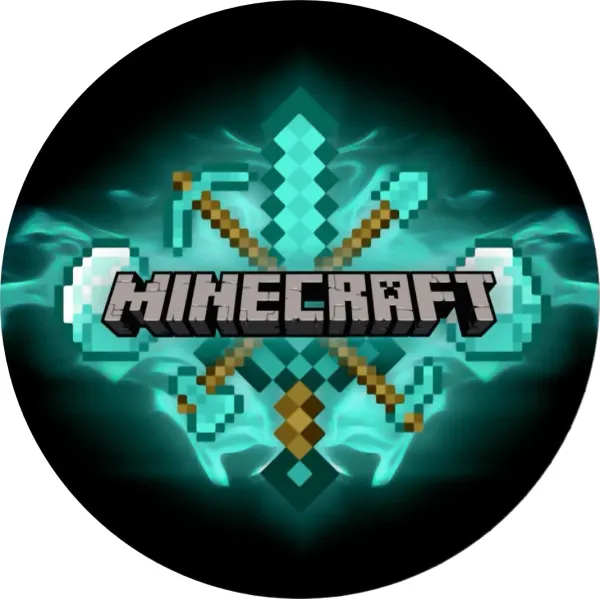 Kulatý jedlý obrázek na dort – Minecraft, diamantový meč s neonovou aurou (tyrkysová, černá, hnědá)