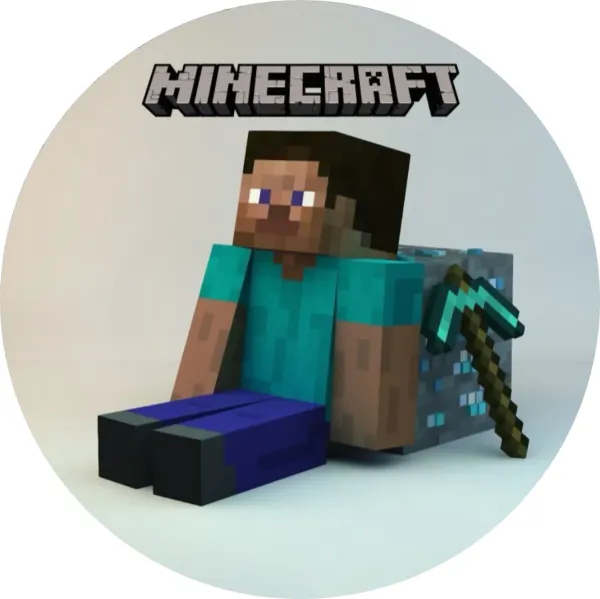 Kulatý jedlý obrázek na dort – Minecraft, Steve u diamantové rudy (modrá, tyrkysová, šedá)