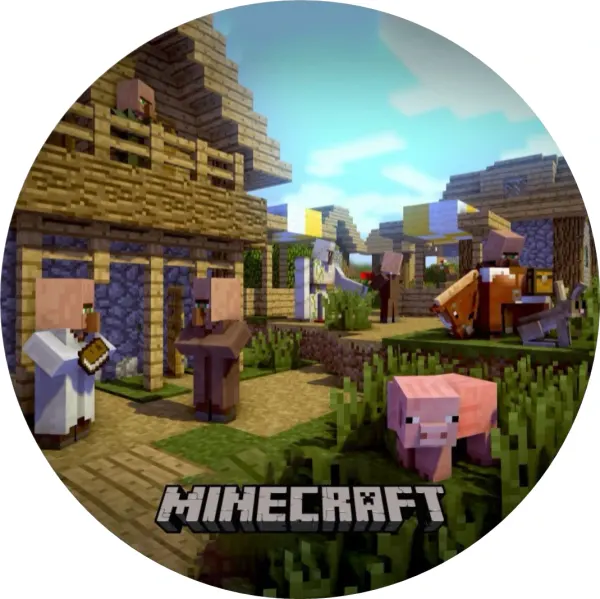 Kulatý jedlý obrázek na dort – Minecraft, poklidná vesnice s golemem (zelená, hnědá, modrá)