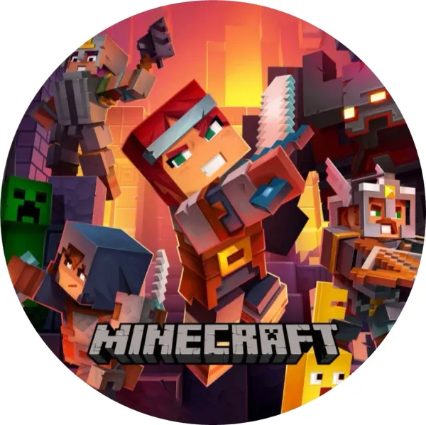 Kulatý jedlý obrázek na dort – Minecraft, ohnivá bitva v dungeonu (červená, žlutá, hnědá)