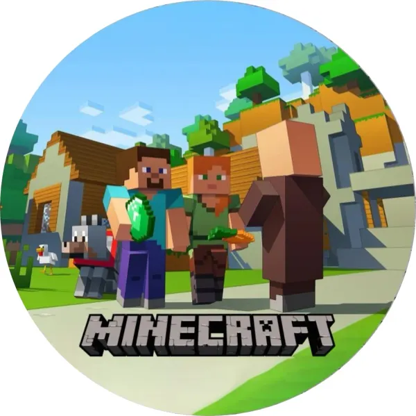 Kulatý jedlý obrázek na dort – Minecraft, Steve se smaragdem a Alex u domku (modrá, zelená, hnědá)