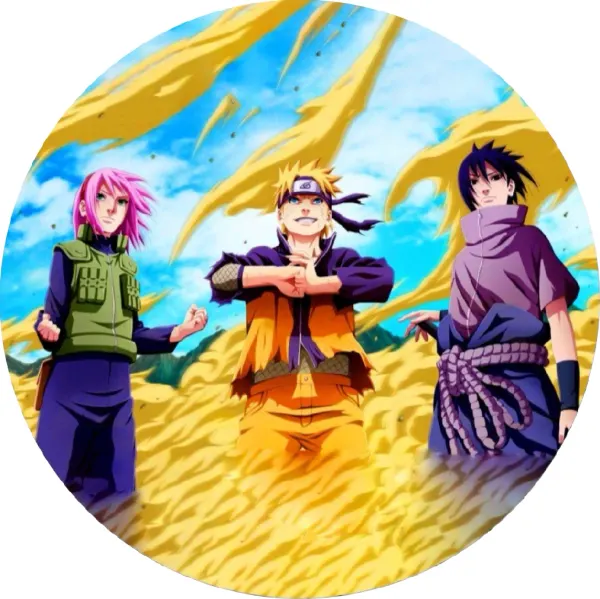 Kulatý jedlý obrázek na dort – Naruto, Tým 7 a zlatavá energie (žlutá, modrá, fialová)
