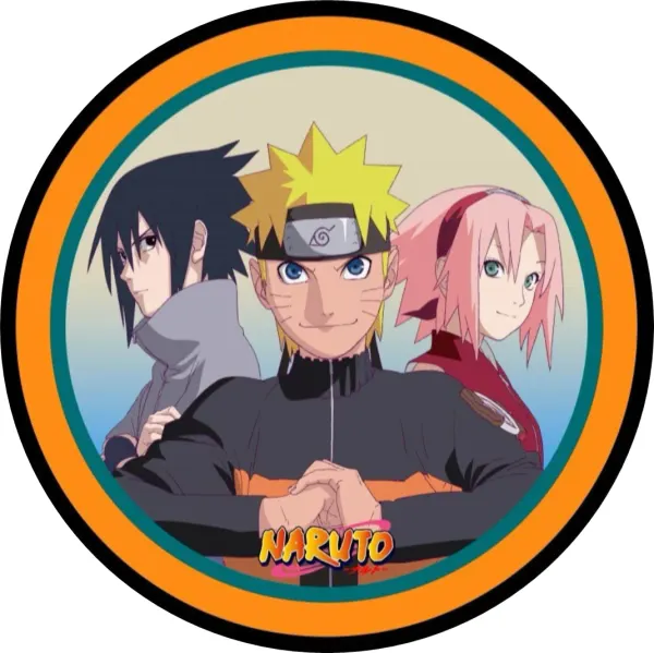 Kulatý jedlý obrázek na dort – Naruto, Tým 7 a oranžový lem (žlutá, modrá, černá)