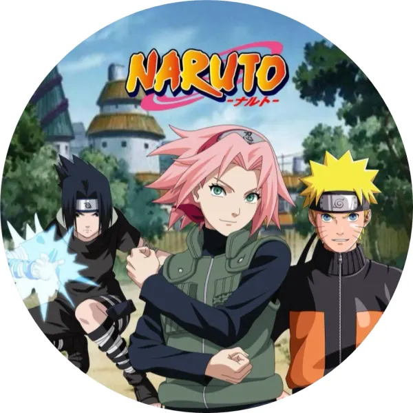 Kulatý jedlý obrázek na dort – Naruto, Sakura, Sasuke s Chidori a logo (černá, zelená, růžová)