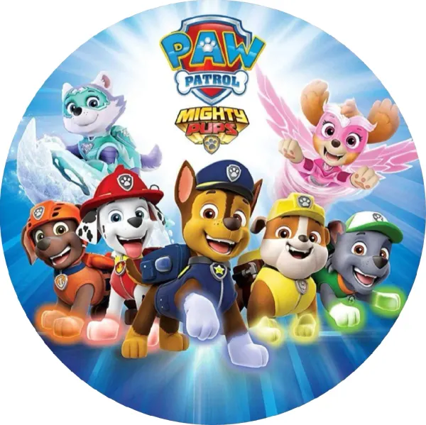 Kulatý jedlý obrázek na dort – Paw Patrol, Mighty Pups se světelnými paprsky (modrá, červená, žlutá)