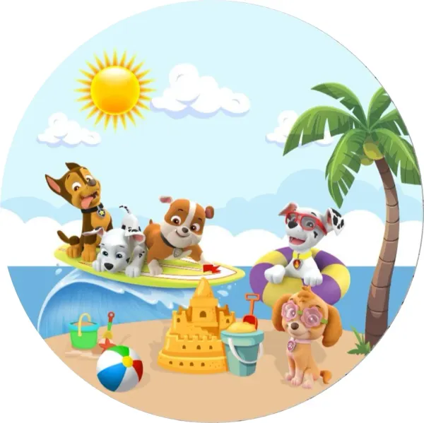 Kulatý jedlý obrázek na dort – Paw Patrol, plážová letní zábava (modrá, žlutá, hnědá)