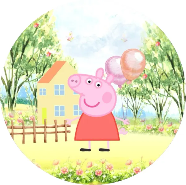 Kulatý jedlý obrázek na dort – Prasátko Peppa, s balonky u rodinného domku (zelená, růžová, žlutá)