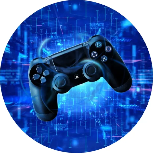 Kulatý jedlý obrázek na dort – PlayStation ovladač, modré digitální pozadí (modrá, černá)