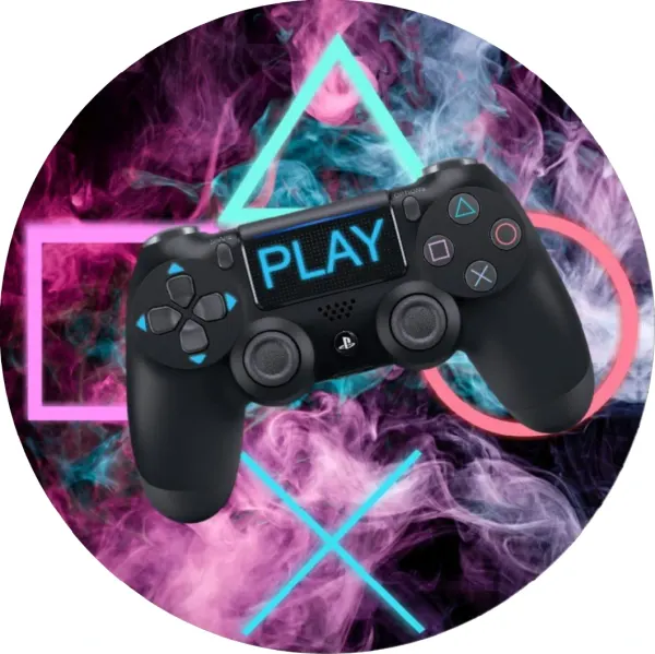 Kulatý jedlý obrázek na dort – PlayStation ovladač, nápis PLAY a kouř (černá, růžová, tyrkysová)
