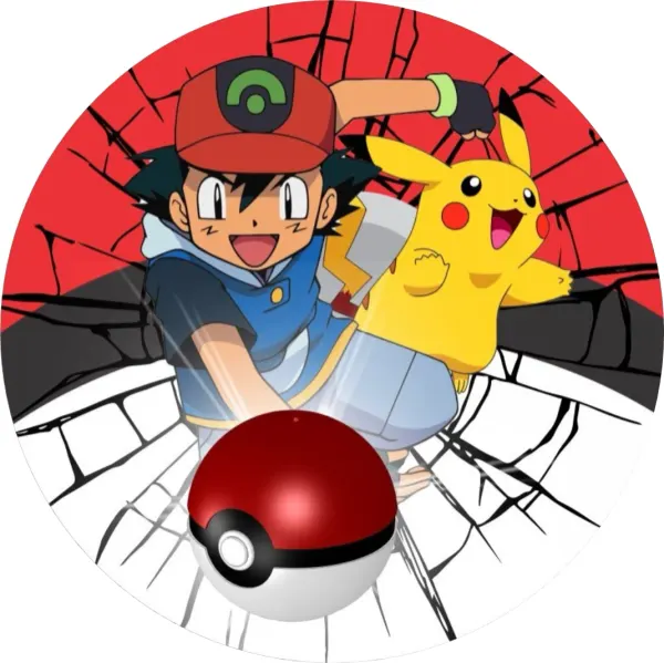 Kulatý jedlý obrázek na dort – Pokémon, Ash a Pikachu vyrážející ze zdi (červená, černá, žlutá)