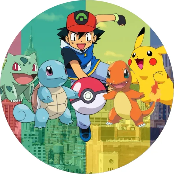 Kulatý jedlý obrázek na dort – Pokémon, Ash ve skoku a město v pruzích (modrá, zelená, žlutá)