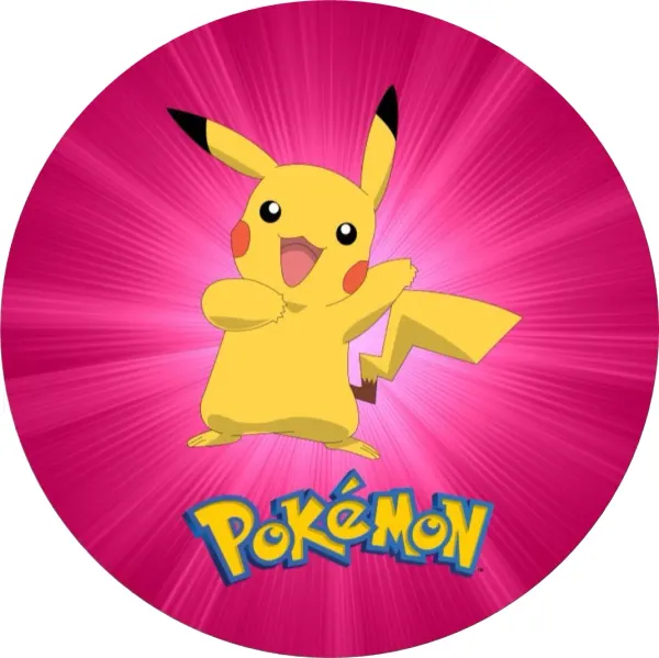Kulatý jedlý obrázek na dort – Pokémon, Pikachu na růžovém pozadí (růžová, žlutá, modrá)