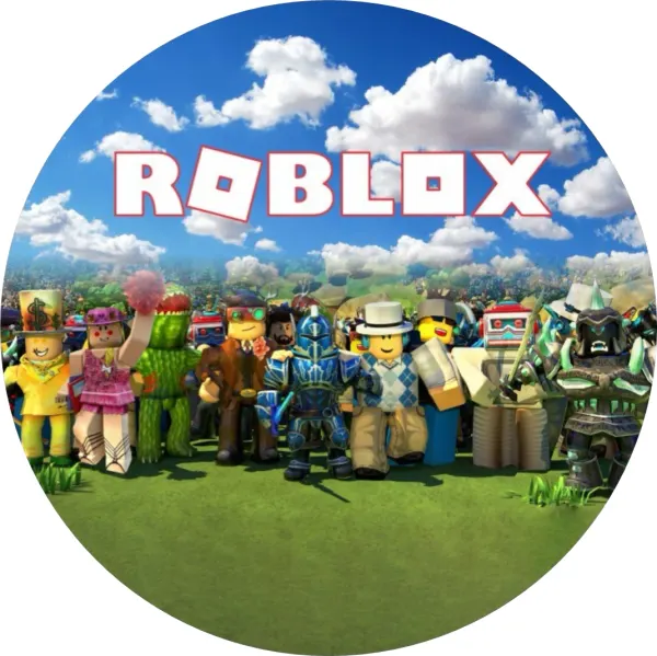 Kulatý jedlý obrázek na dort – Roblox, parta na trávníku pod mráčky (modrá, zelená, bílá)