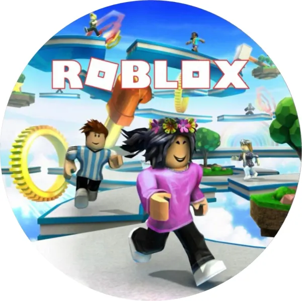 Kulatý jedlý obrázek na dort – Roblox, překážková dráha v oblacích (modrá, růžová, bílá)