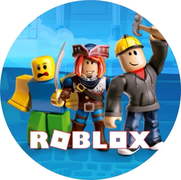 Kulatý jedlý obrázek na dort – Roblox, trojice hrdinů na modrém pozadí (modrá, žlutá, černá)