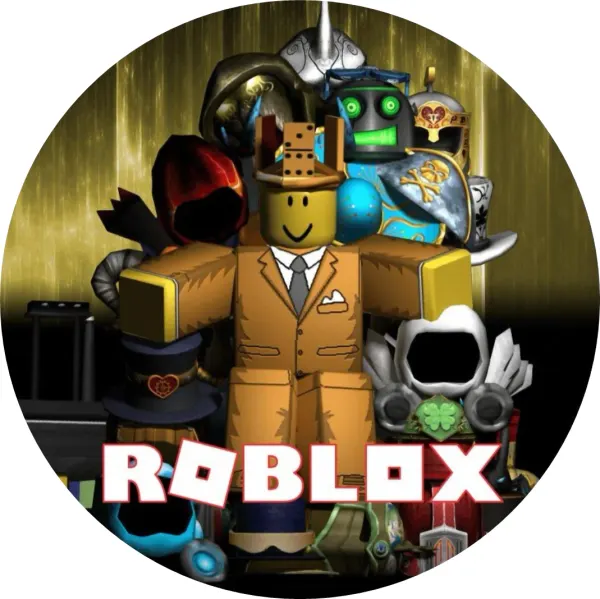 Kulatý jedlý obrázek na dort – Roblox, avatar v obleku s korunou (černá, hnědá, zlatá)
