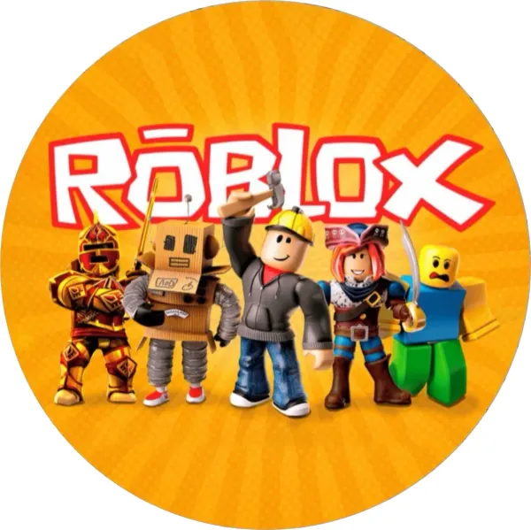 Kulatý jedlý obrázek na dort – Roblox, hrdinové na oranžovém pozadí (žlutá, červená, modrá)
