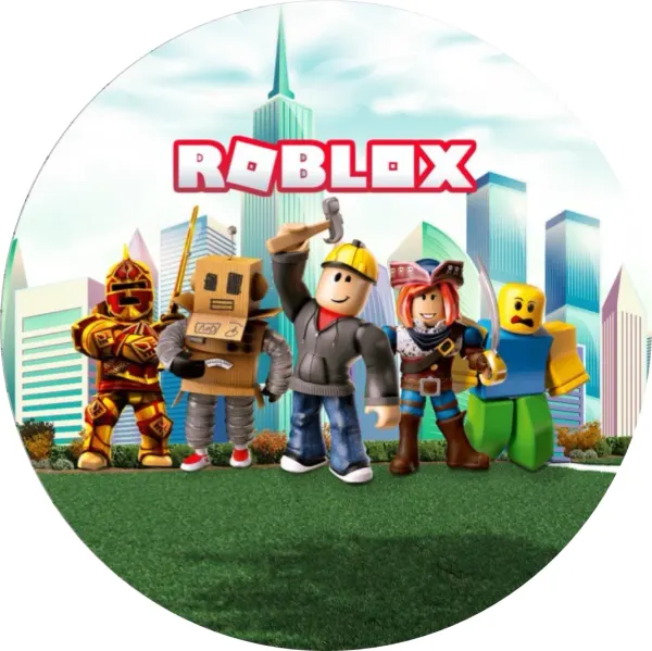 Kulatý jedlý obrázek na dort – Roblox, hrdinové před mrakodrapy (modrá, tyrkysová, zelená)