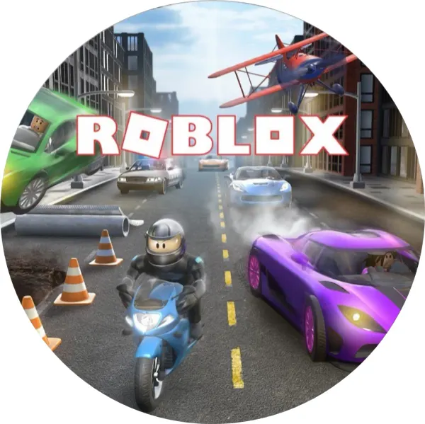 Kulatý jedlý obrázek na dort – Roblox, městská honička s motorkou (šedá, modrá, fialová)