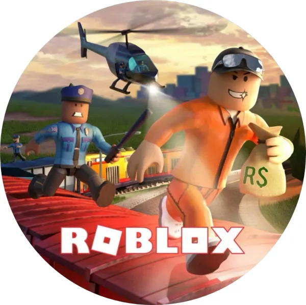 Kulatý jedlý obrázek na dort – Roblox, honička na střeše vlaku (červená, modrá, zelená)