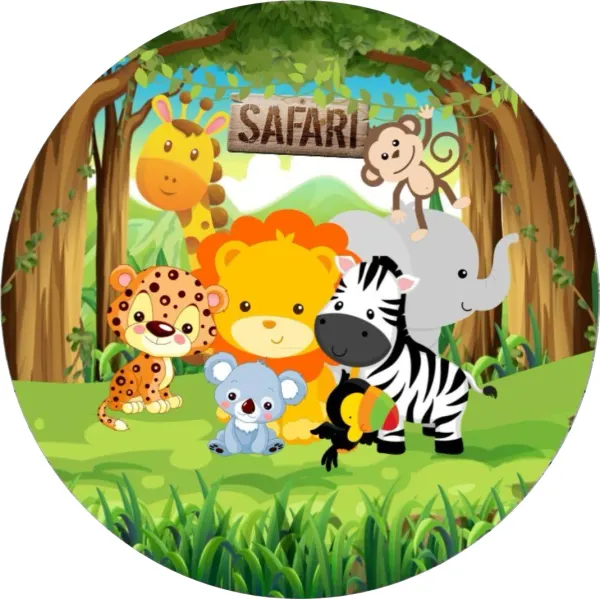 Kulatý jedlý obrázek na dort – Safari, zvířátka u cedule a koala (zelená, žlutá, hnědá)