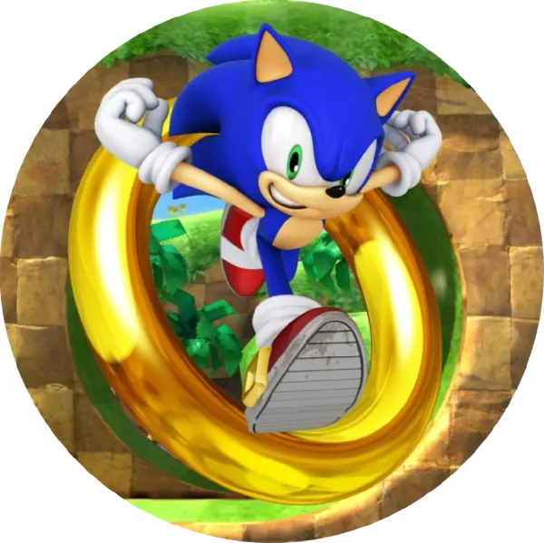 Kulatý jedlý obrázek na dort – Sonic, skok skrz prsten v zelené krajině (modrá, žlutá, zelená)
