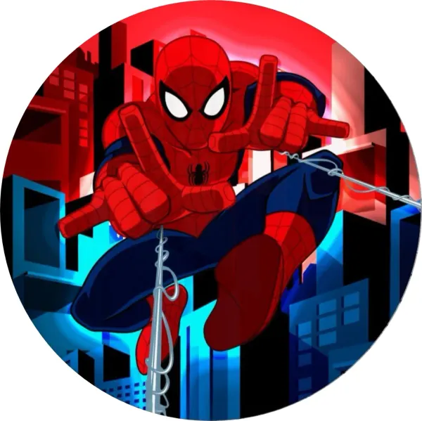 Kulatý jedlý obrázek na dort – Spiderman, noční velkoměsto a červená obloha (červená, modrá, černá)