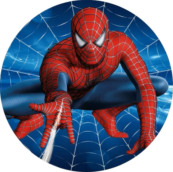Kulatý jedlý obrázek na dort – Spiderman, skok na modré pavučině (červená, modrá)