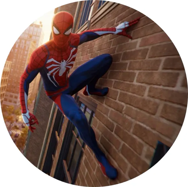Kulatý jedlý obrázek na dort – Spiderman, šplhání po cihlovém mrakodrapu (červená, modrá, hnědá)